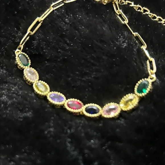Multicolor Gemstone 14k Gold Plated Chain Bracelet NEW - Picture 1 of 6